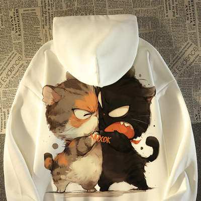 美式chic猫咪印花连帽卫衣男女秋冬季宽松慵懒风oversize情侣外套