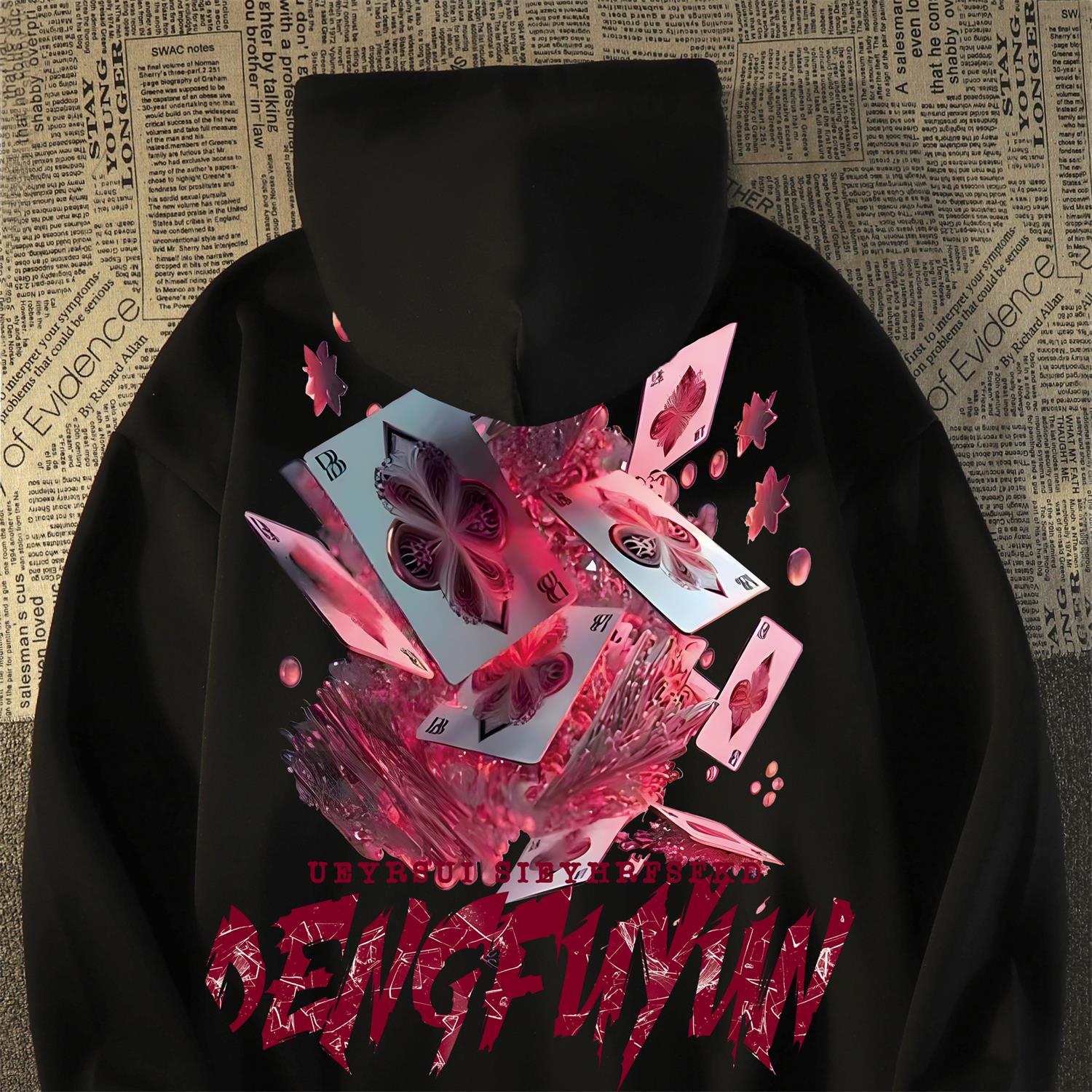 美式潮牌oversize扑克牌印花连帽卫衣男女士情侣帽衫早秋上衣外套