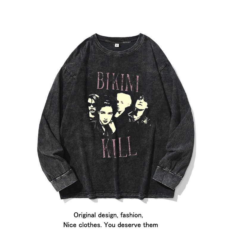 泵气乐队印花tee数码直喷复古水洗做旧长袖T恤潮流打底衫