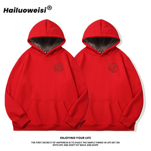 国风龙凤纹新年红色卫衣男女款连帽卫衣青少年加绒百搭情侣装衣服