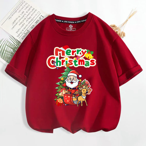 圣诞t恤亲子装男童女童Merry Chritmas圣诞老人麋鹿短袖儿童纯棉