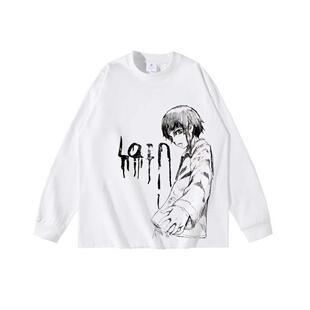 Lain铃音暗黑印花圆领长袖T恤ins盐系穿搭叛逆tee直喷打底衫