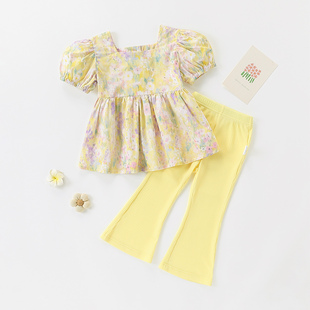 【洋气甜美套装】童装女童时尚法式碎花衬衫微喇叭裤两件套时尚款