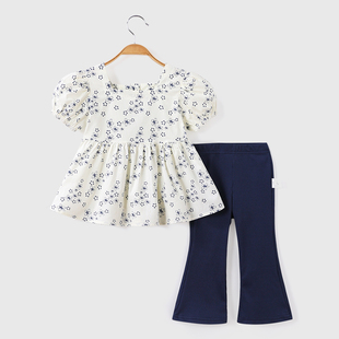 【洋气甜美碎花套装】童装女童夏季泡泡袖衬衫儿童微喇叭裤两件套