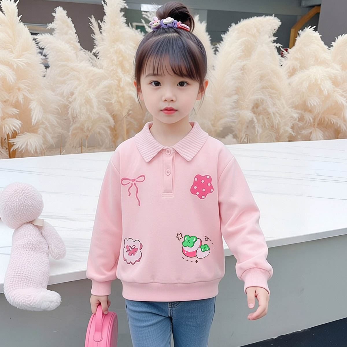 【萌趣甜美拼接卫衣】女童假两件上衣春秋装中小儿童宝宝翻领衣服