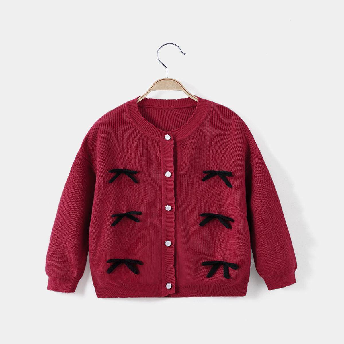 女童毛衣秋冬新款宝宝红色蝴蝶结针织开衫儿童时髦洋气针织外套潮