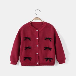 女童毛衣秋冬新款宝宝红色蝴蝶结针织开衫儿童时髦洋气针织外套潮