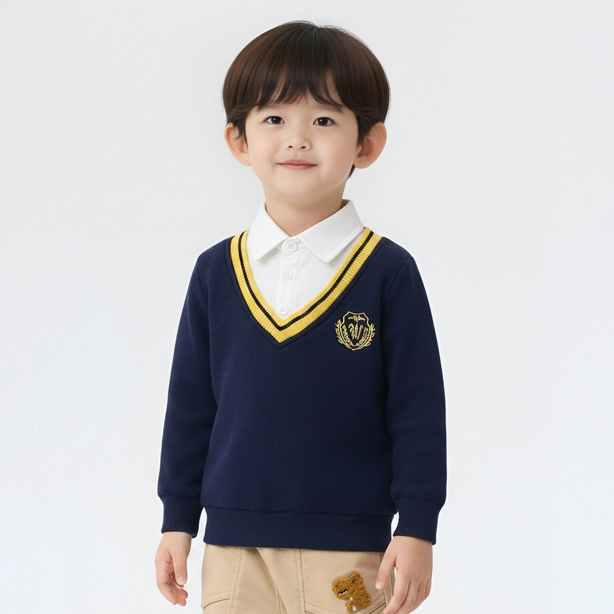 【学院风翻领加绒上衣】男童假两件卫衣深秋初冬小儿童宝宝套头衫