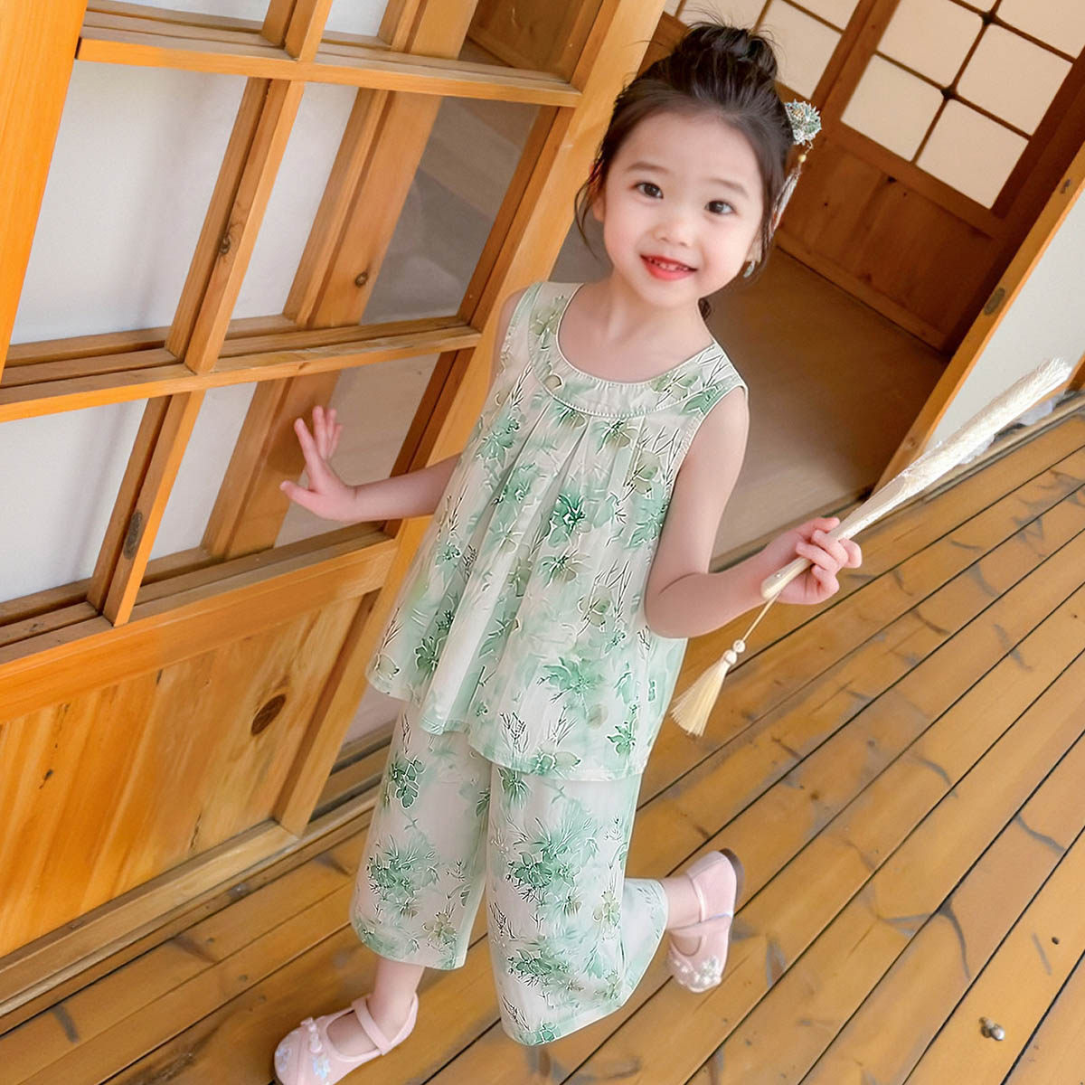 【新中式轻国风】童装女童夏季甜美汉服两件套儿童纯棉背心阔腿裤