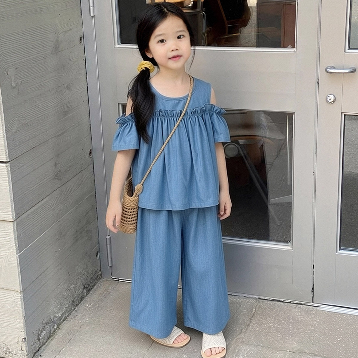 【洋气时髦露肩牛仔套装】童装女童夏季时尚休闲两件套阔腿裤衬衫