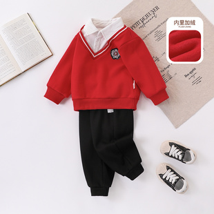 【学院风】童装男童冬季帅气英伦风卫衣套装儿童假两件加绒拜年服
