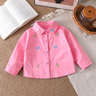 【洋气时尚刺绣】童装女童秋季纯棉翻领衬衫儿童百搭舒适薄外套潮