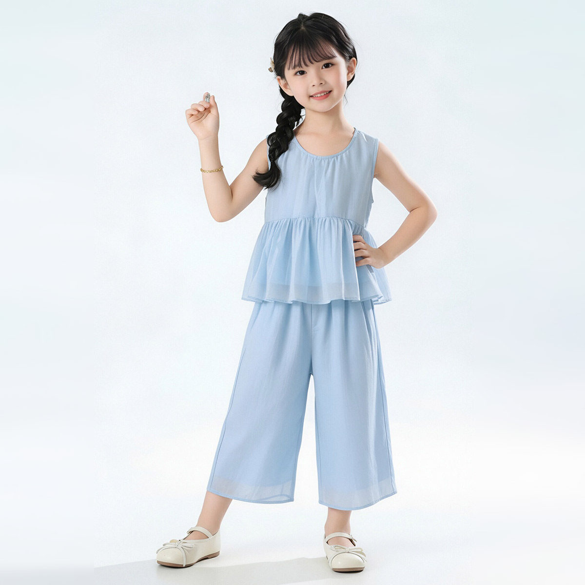 【薄款无袖娃娃衫九分阔腿裤两件套】童装女童夏季新款时髦套装潮