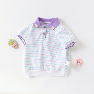 【小清新学院风】女童甜美条纹针织衫夏季短袖上衣宽松短款T恤潮