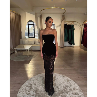 法式抹胸修身黑色显瘦蕾丝