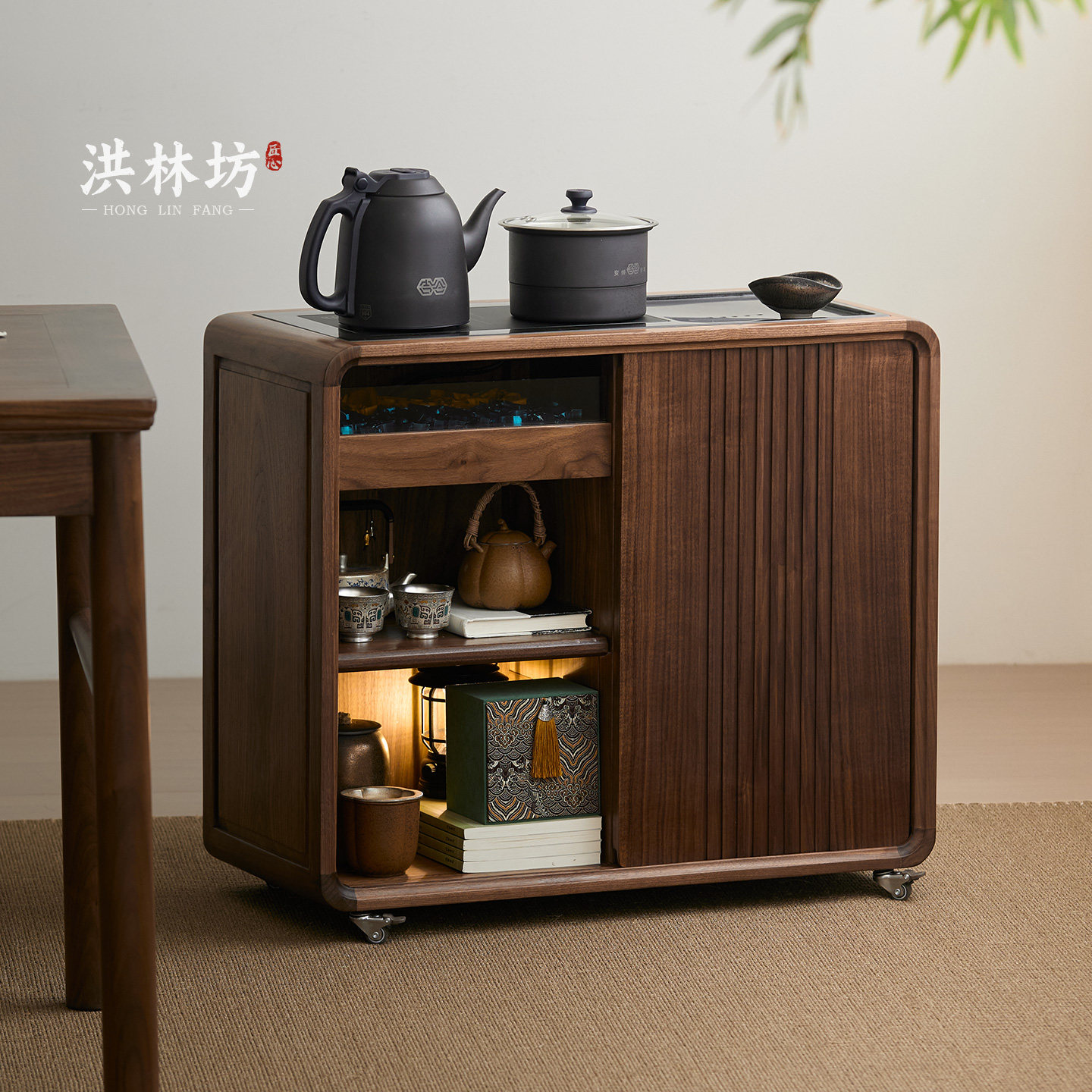 黑胡桃木可移动茶水柜烧水壶一体图片