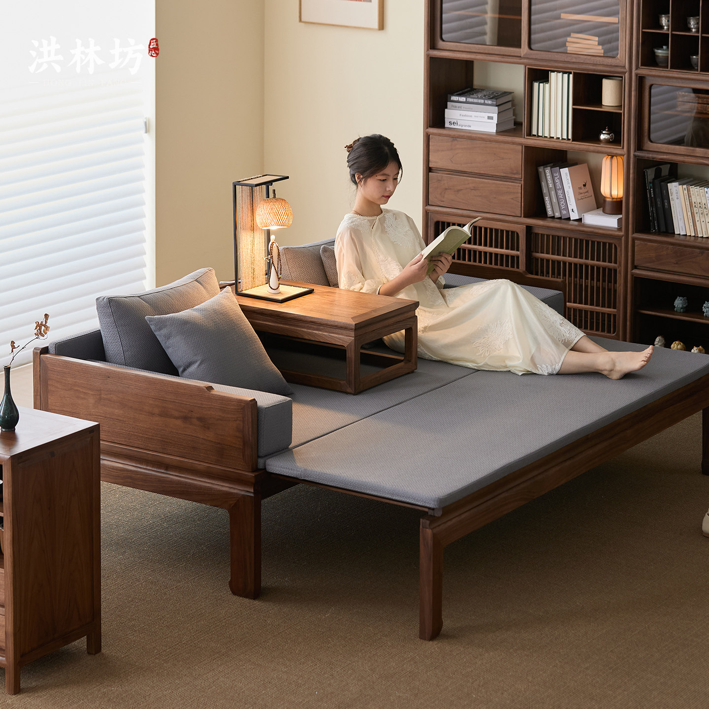 洪林坊宋式美学黑胡桃木罗汉床新中式推拉卧榻客厅沙发红木床榻,住宅家具,罗汉床,淘宝优惠券,粉丝福利购,淘宝优惠卷
