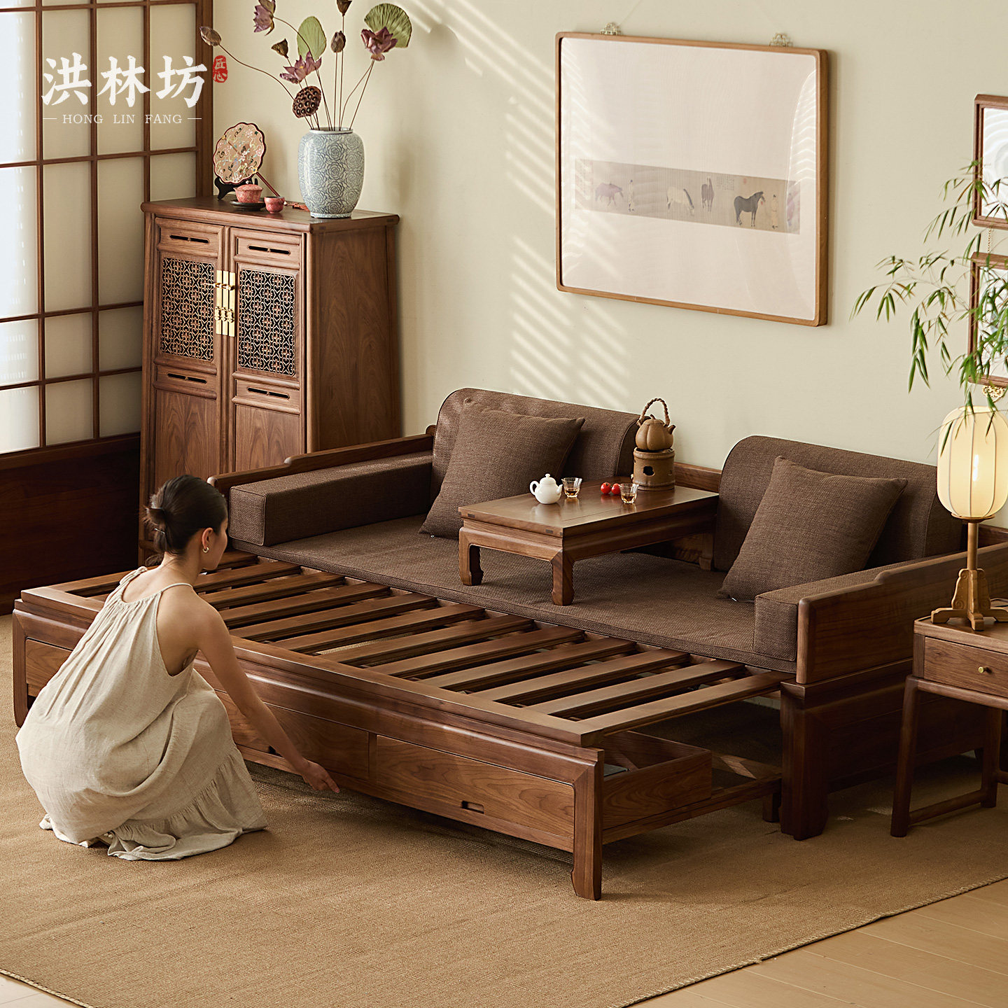 洪林坊新中式北美黑胡桃木推拉实木罗汉床茶桌椅组合宋式美学沙发,住宅家具,罗汉床,淘宝优惠券,粉丝福利购,淘宝优惠卷