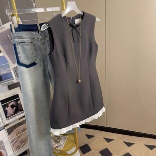 修身 新款 显瘦荷叶边短裙 连衣裙女2025年夏季 小香风拼接蝴蝶结无袖