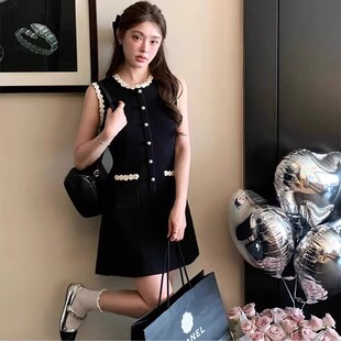 小香风针织连衣裙无袖 法式 背心裙收腰显瘦小黑裙 手工花边 杨小卷