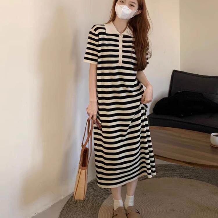 夏季撞色条纹Polo领短袖连衣裙女气质宽松小个子显瘦长款休闲裙子