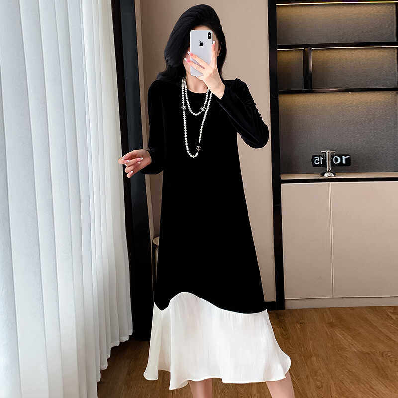 2024秋冬打底内穿 丝绒拼接连衣裙修身显瘦泡泡袖大码连衣裙,女装/女士精品,连衣裙,淘宝优惠券,粉丝福利购,淘宝优惠卷