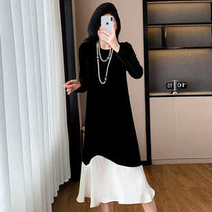 大码 显瘦泡泡袖 连衣裙 丝绒拼接连衣裙修身 2024秋冬打底内穿