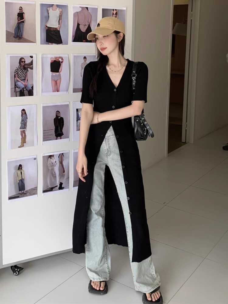 长款V领防晒罩衫毛针织衫上衣