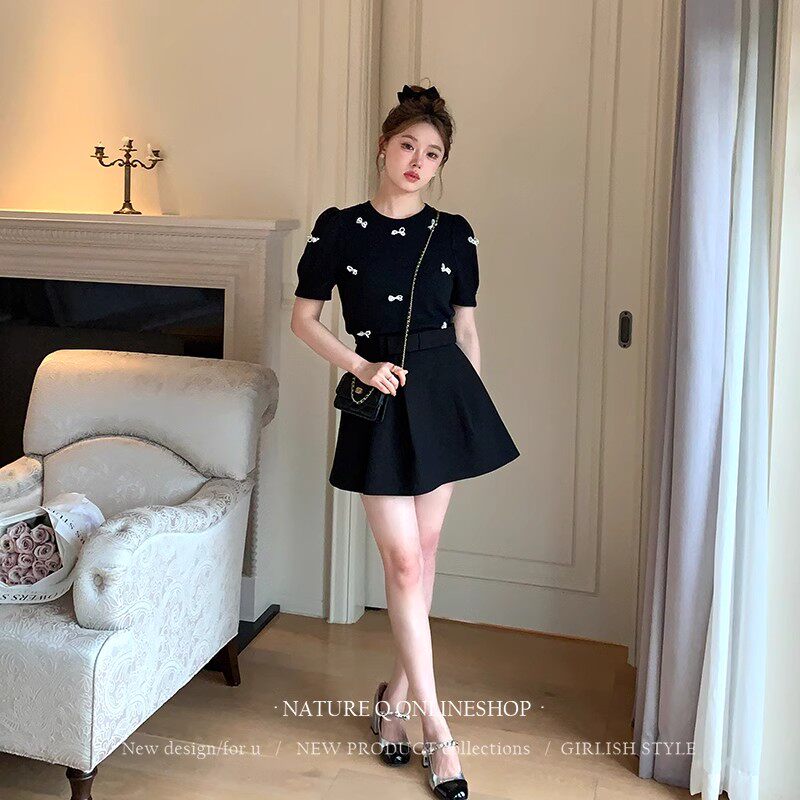 杨小卷miu系小香风短袖黑色冰丝针织衫T恤女泡泡袖蝴蝶结上衣短款