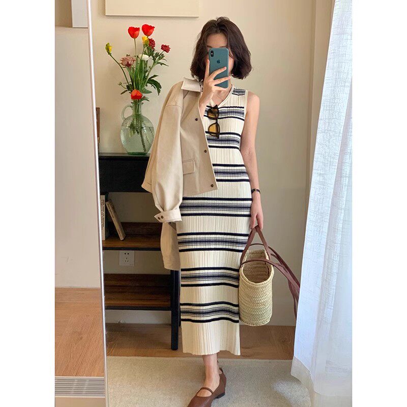 2025法式气质修身休闲度假风拼色条纹针织春夏连衣裙无袖打底长裙