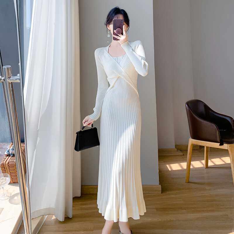 2024秋冬中长款过膝荷叶边鱼尾包臀打底内搭针织连衣裙女长袖