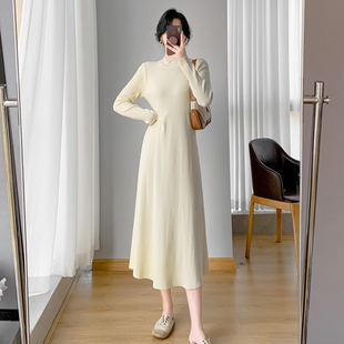 实拍秋冬韩版半高领打底内搭针织连衣裙女气质显瘦过膝毛衣裙长裙