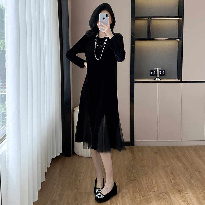 2024秋冬打底内穿 丝绒拼接中长款连衣裙网纱拼接大码连衣裙,女装/女士精品,连衣裙,淘宝优惠券,粉丝福利购,淘宝优惠卷