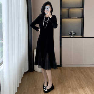 连衣裙 连衣裙网纱拼接大码 2024秋冬打底内穿 丝绒拼接中长款