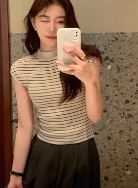 pusumede 半高领条纹短袖针织衫女秋季新款气质修身T恤打底衫上衣