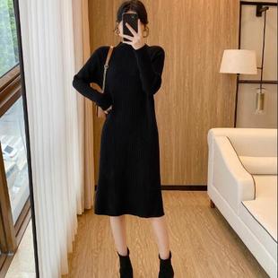 秋冬配羽绒服大衣外套的内搭针织连衣裙中长款过膝打底衫黑色毛衣