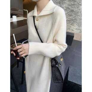 法式翻领针织打底连衣裙女秋冬新款配大衣宽松长款过膝加厚毛衣裙