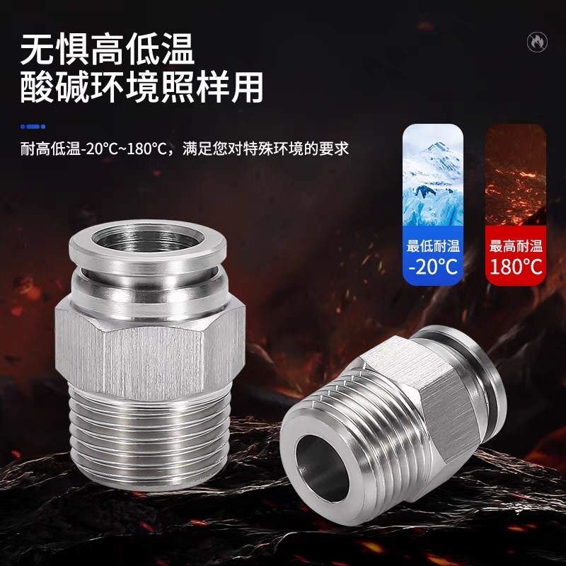 304不锈钢快速接头气动快插气管气源直接螺纹管PC气动管气嘴直通