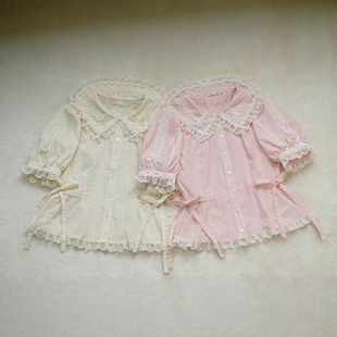 Lolita娃娃领短袖 衬衣甜美内搭抽绳修身 上衣多重细塔克褶中袖 衬衫