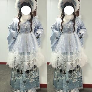 汉洋折衷蓝色套装明制汉服春秋日常琵琶袖蓝色立领开衫洛丽塔套装