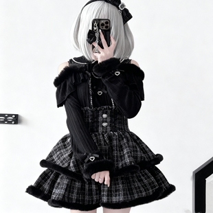 Lolita长袖 针织毛绒上衣蕾丝毛边双层可爱小香风半身裙秋冬蕾服萌