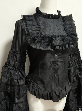 万圣节黑色蕾丝doll感lolita姬袖衬衫内搭暗黑系哥特风上衣百搭