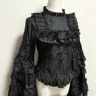 万圣节黑色蕾丝doll感lolita姬袖衬衫内搭暗黑系哥特风上衣百搭