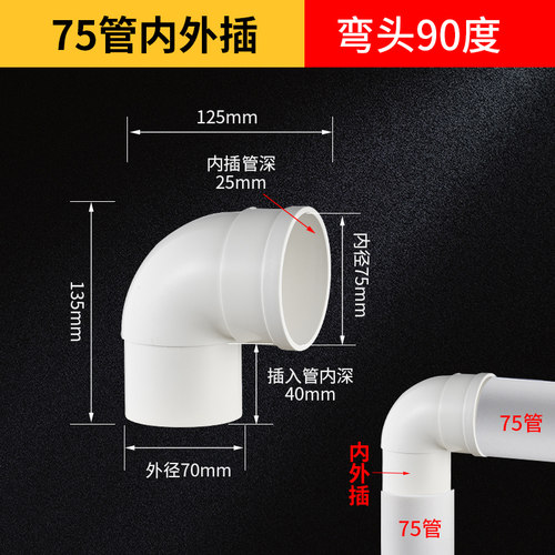 50/75/110PVC内插弯头雨水管束口45/90度下排水管铁管下插外接头