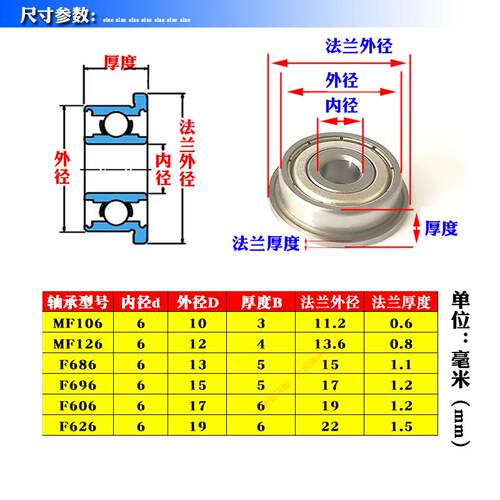 微型挡边法兰小轴承MF106 MF126 F686 F696 F606 F626Z ZZ内径6mm
