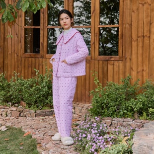 朵朵可可新款女士保暖加棉条纹家居服套装简约风长袖长裤可外穿