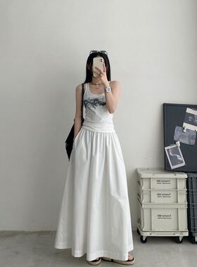 白色高腰半身伞裙高级感大摆裙女夏季气质直筒宽松显瘦百褶长裙子