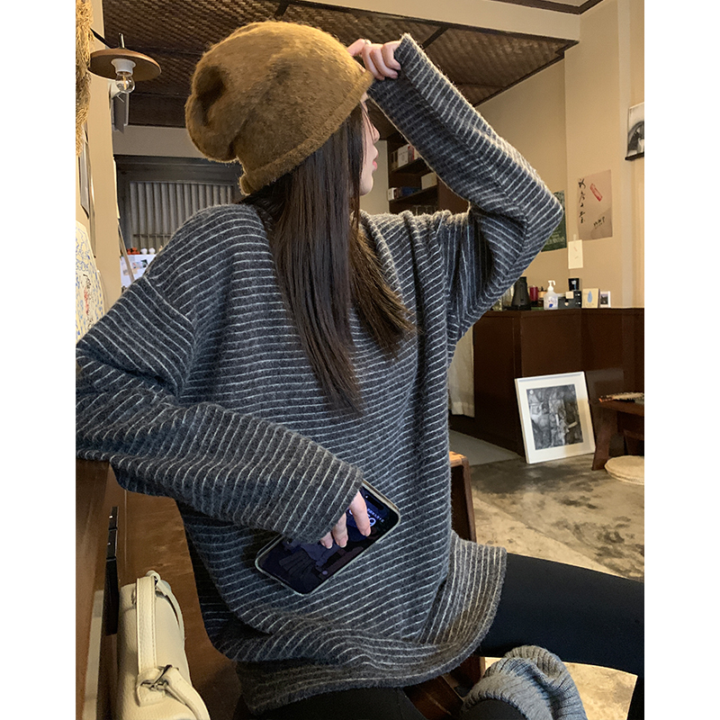 磨毛绒加厚条纹长袖T恤宽松打底