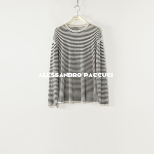 LIL CHER横向条纹圆领毛边设计时尚套头衫毛衣针织衫宽松百搭上衣
