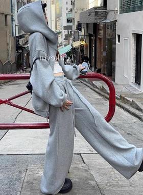 LIL CHER美式灰色卫衣外套女秋冬宽松休闲复古慵懒风连帽拉链开衫